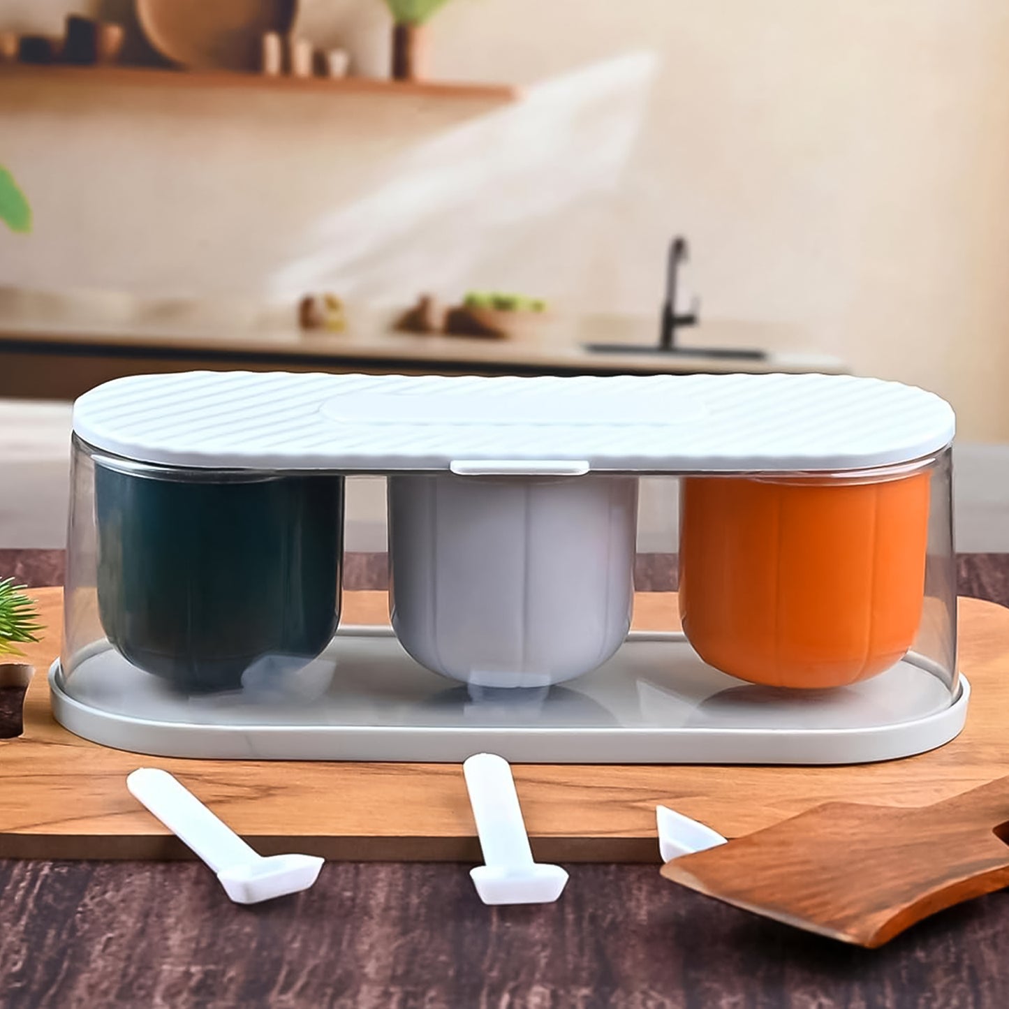 3-Grid Spice Box with Spoon – Stylish & Practical Masala Storage Container (Multicolor)