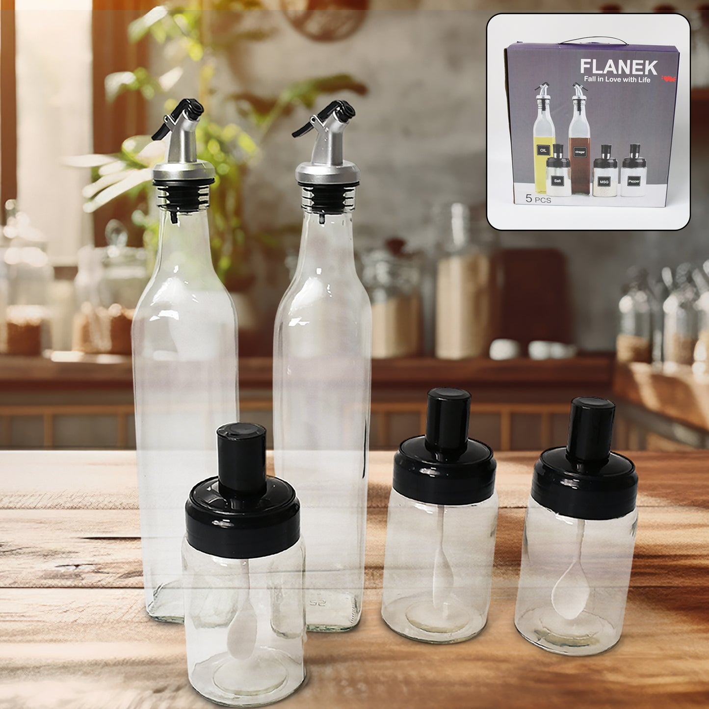 Glass Oil Dispenser & Spice Jar Set (5 Pc Set) – 2 x 500ML Oil Bottles + 3 x 250ML Spice Containers