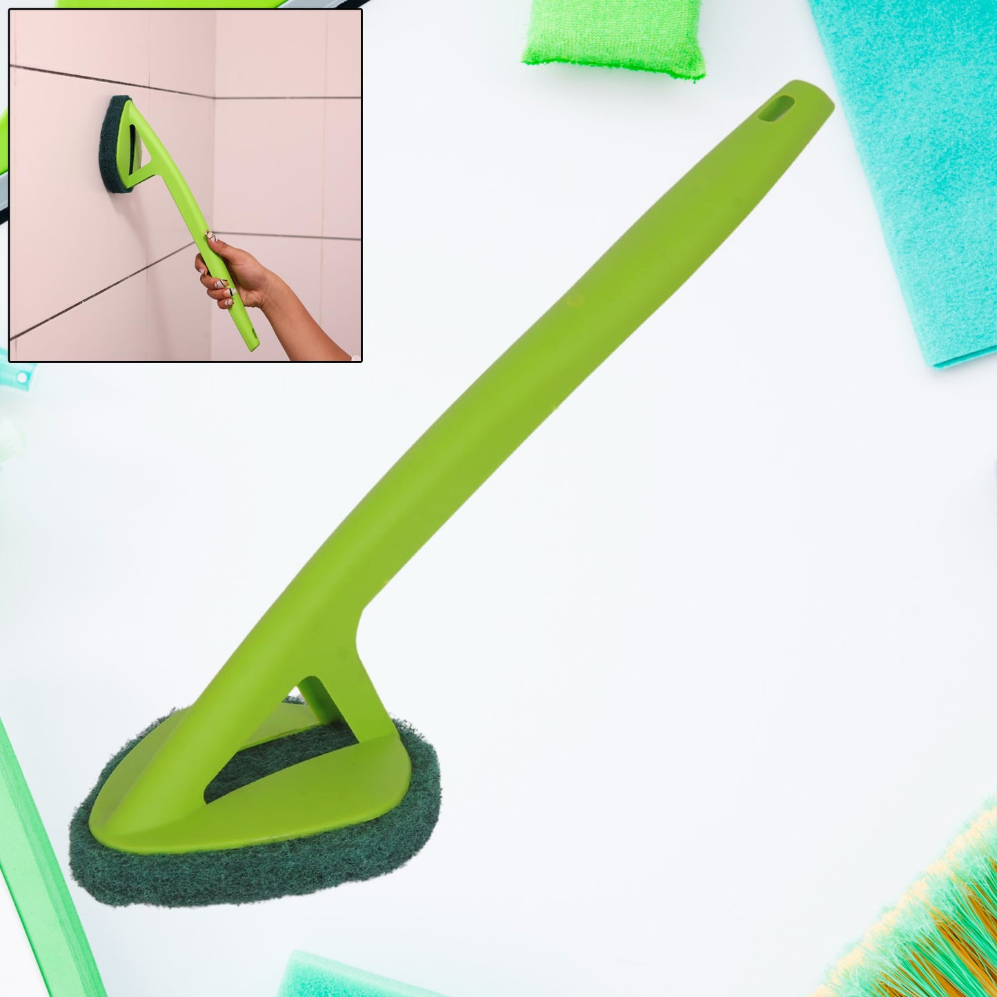 Scrubber Hockey with Long Handle – Triangle Sponge Pad for Wall & Floor Cleaning (1 Pc)