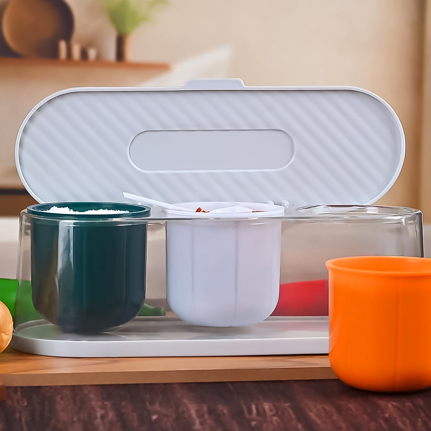 3-Grid Spice Box with Spoon – Stylish & Practical Masala Storage Container (Multicolor)
