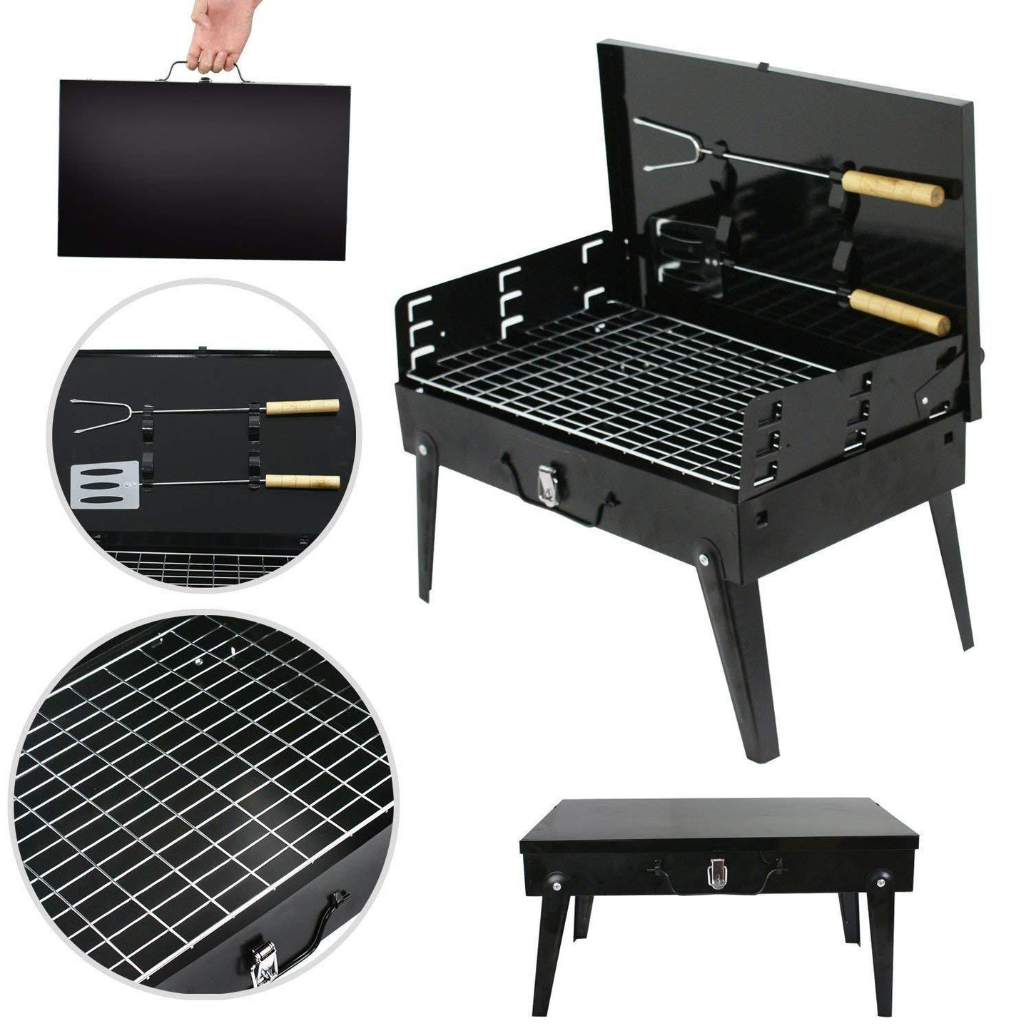 Portable Foldable BBQ Grill with Stainless Steel Tools (Medium Black)