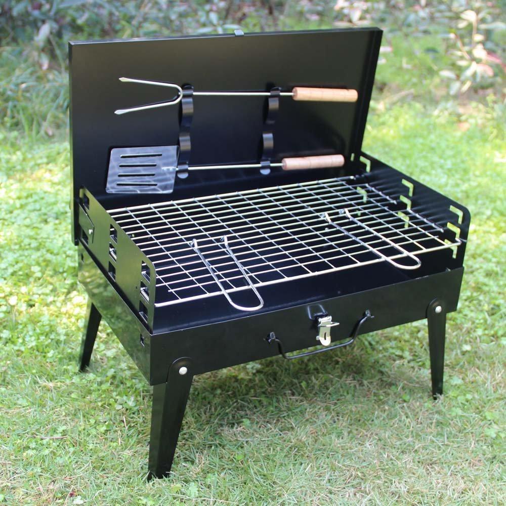 Portable Foldable BBQ Grill with Stainless Steel Tools (Medium Black)