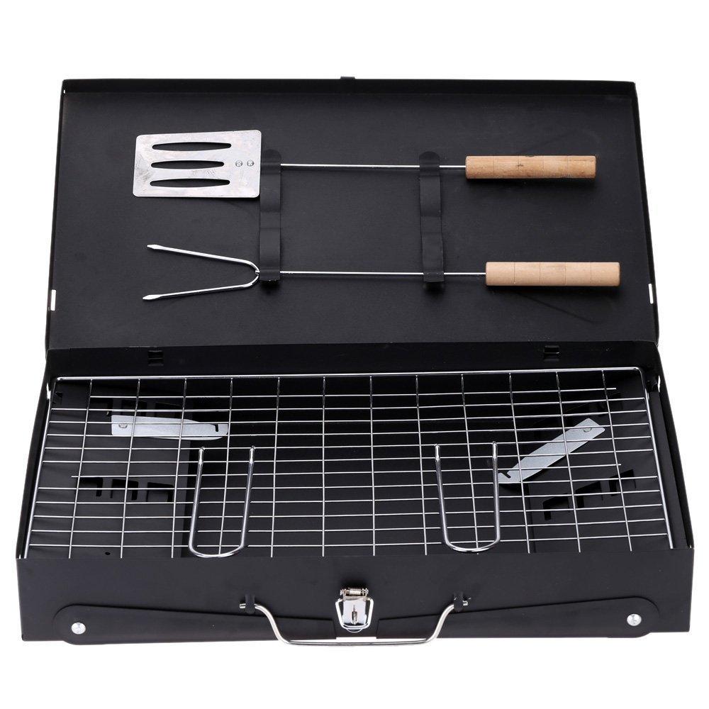 Portable Foldable BBQ Grill with Stainless Steel Tools (Medium Black)