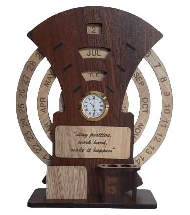 Wooden Calendar with Clock – Lifetime Desk Organizer (Brown & Ivory)