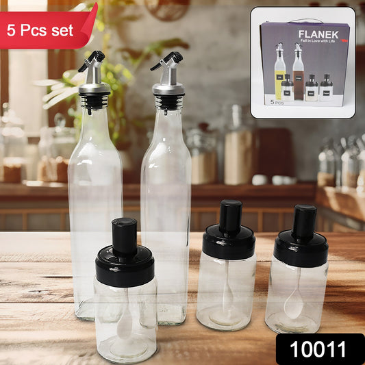 Glass Oil Dispenser & Spice Jar Set (5 Pc Set) – 2 x 500ML Oil Bottles + 3 x 250ML Spice Containers