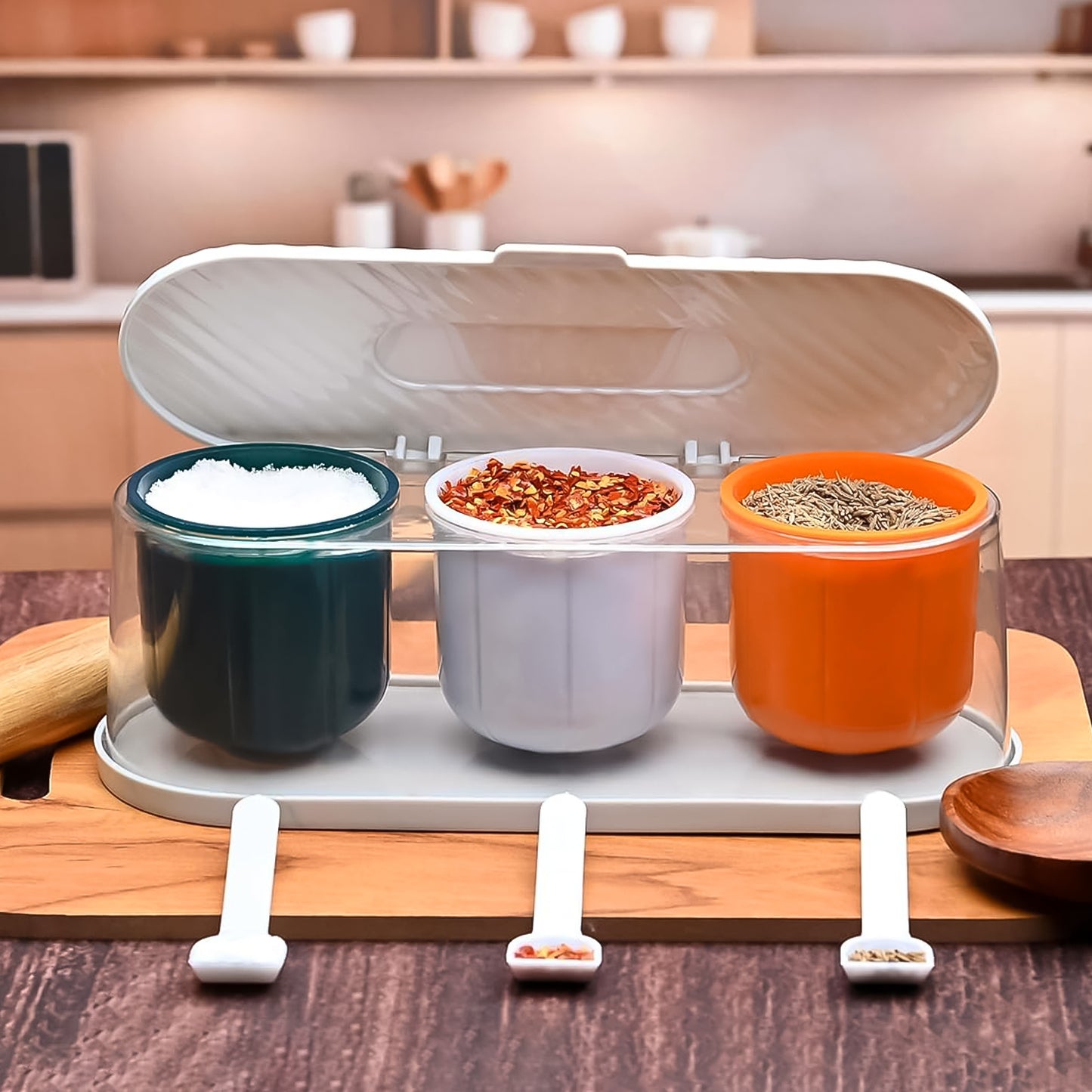3-Grid Spice Box with Spoon – Stylish & Practical Masala Storage Container (Multicolor)