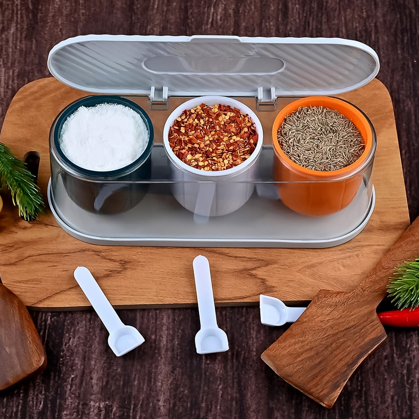 3-Grid Spice Box with Spoon – Stylish & Practical Masala Storage Container (Multicolor)