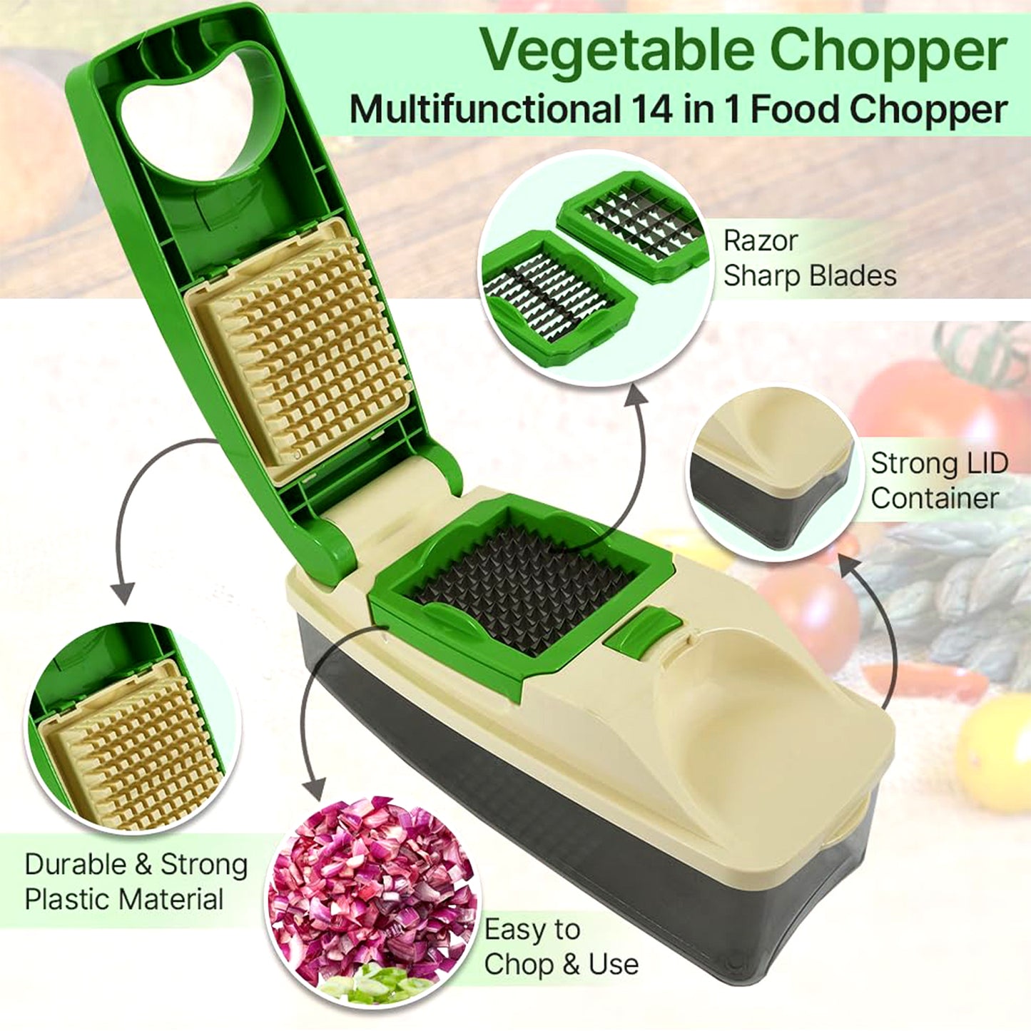 Multipurpose Vegetable & Fruit Chopper with 4 Blades + Unbreakable Container