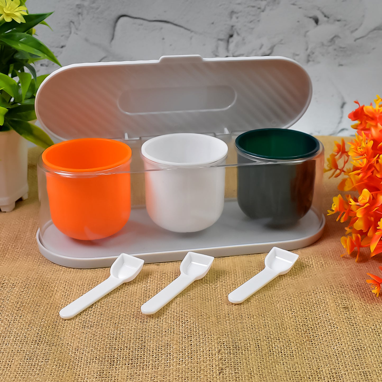 3-Grid Spice Box with Spoon – Stylish & Practical Masala Storage Container (Multicolor)